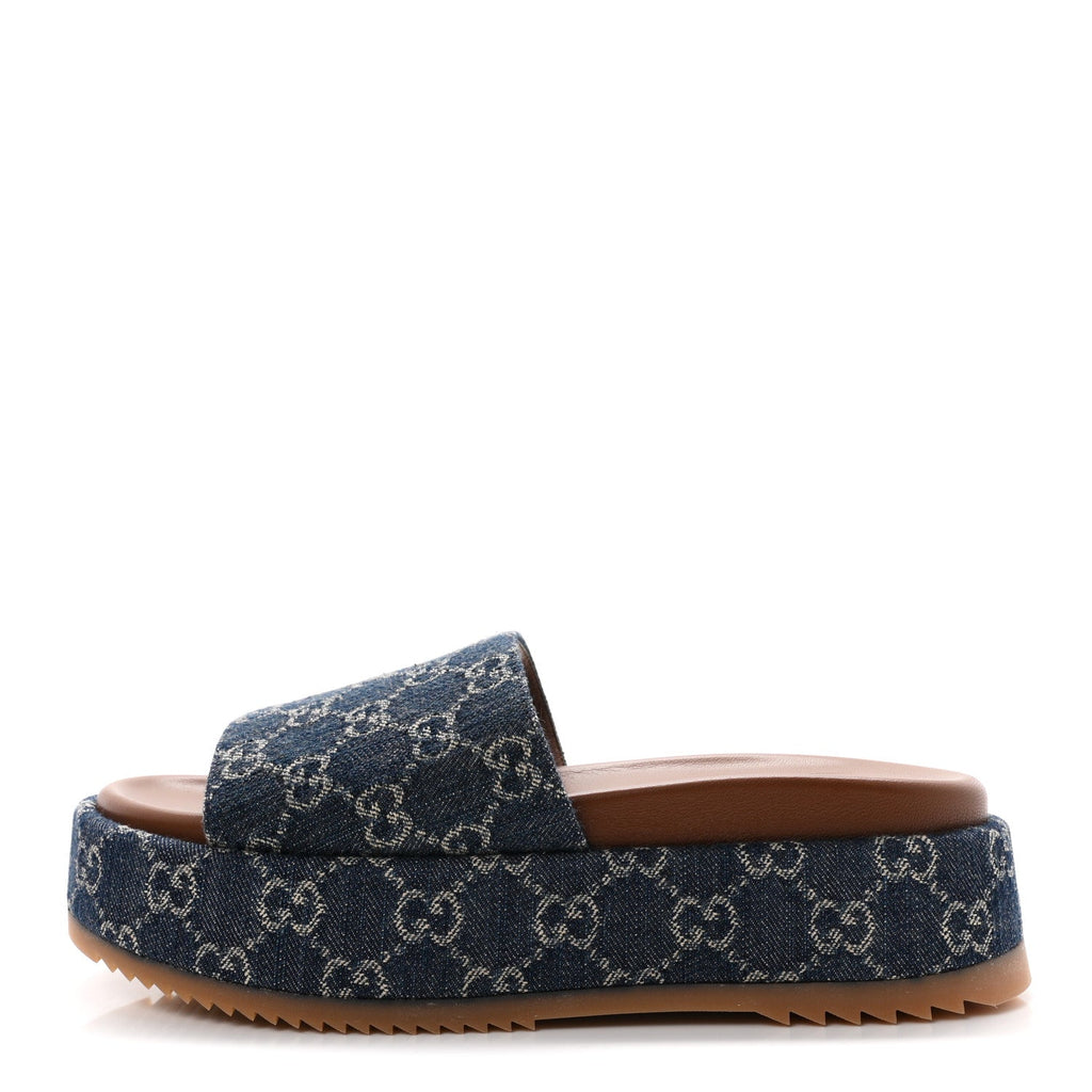 Gucci Denim Women's GG Monogram Angelina Platform Slide Sandals 40.5 Blue Tea