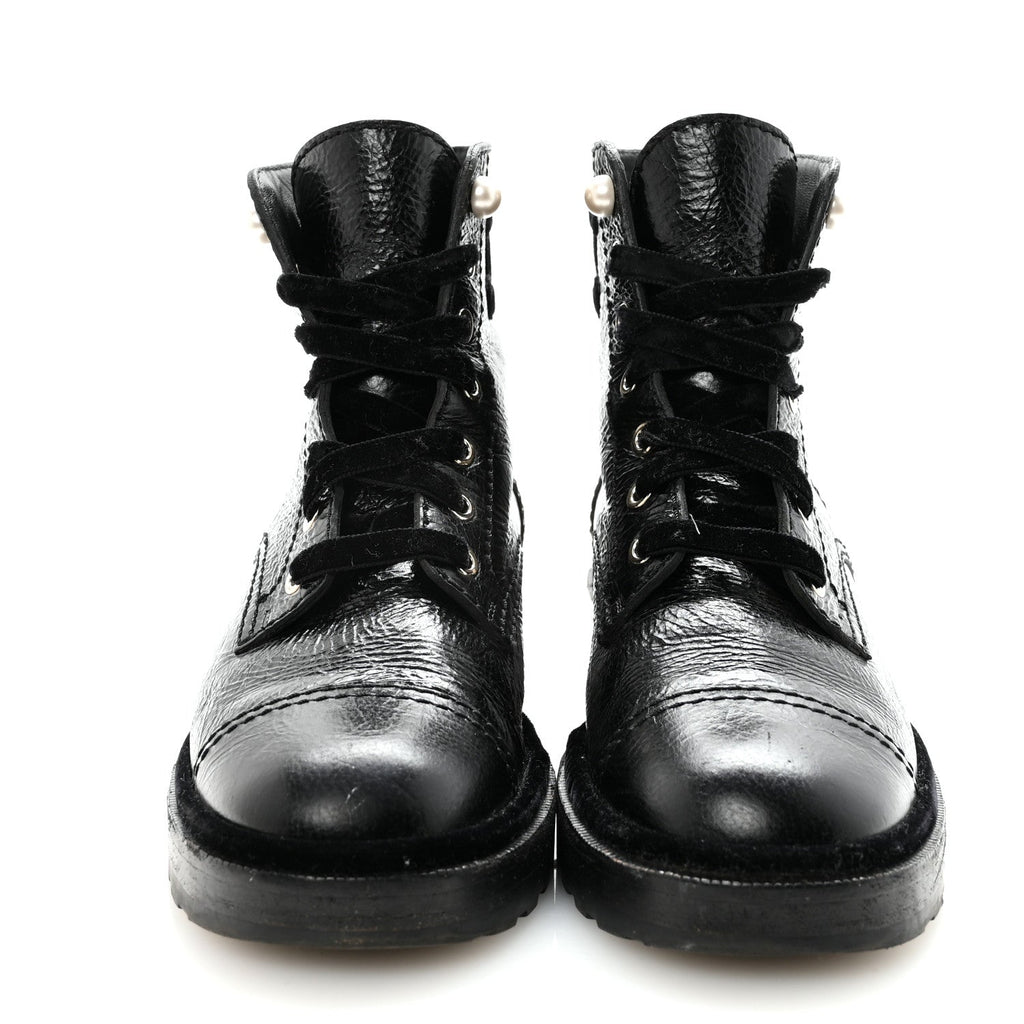 Chanel Shiny Calfskin Velvet Pearl Women's Combat Short Boots 38.5 Black