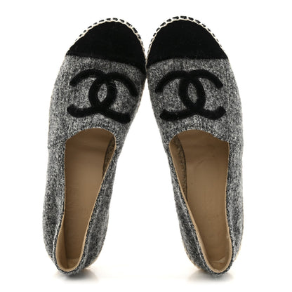 Chanel Tweed Velvet Women's CC Espadrilles 38 Grey Black