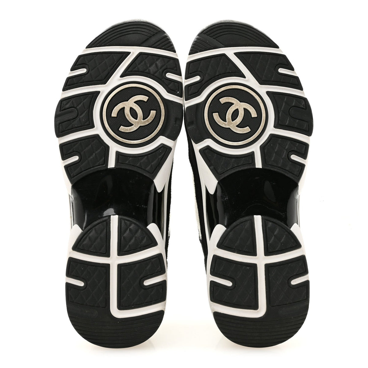 Chanel Fabric Suede Calfskin Women's CC Sneakers 38 White Black