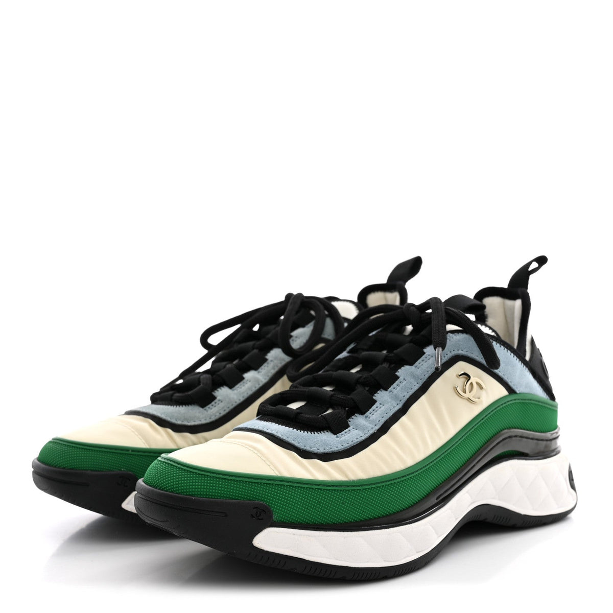 Chanel Suede Calfskin Mixed Fibers Women's CC Sneakers 39 Ivory Green Light Blue