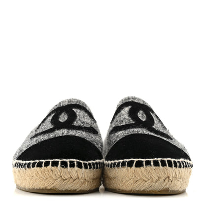 Chanel Tweed Velvet Women's CC Espadrilles 38 Grey Black