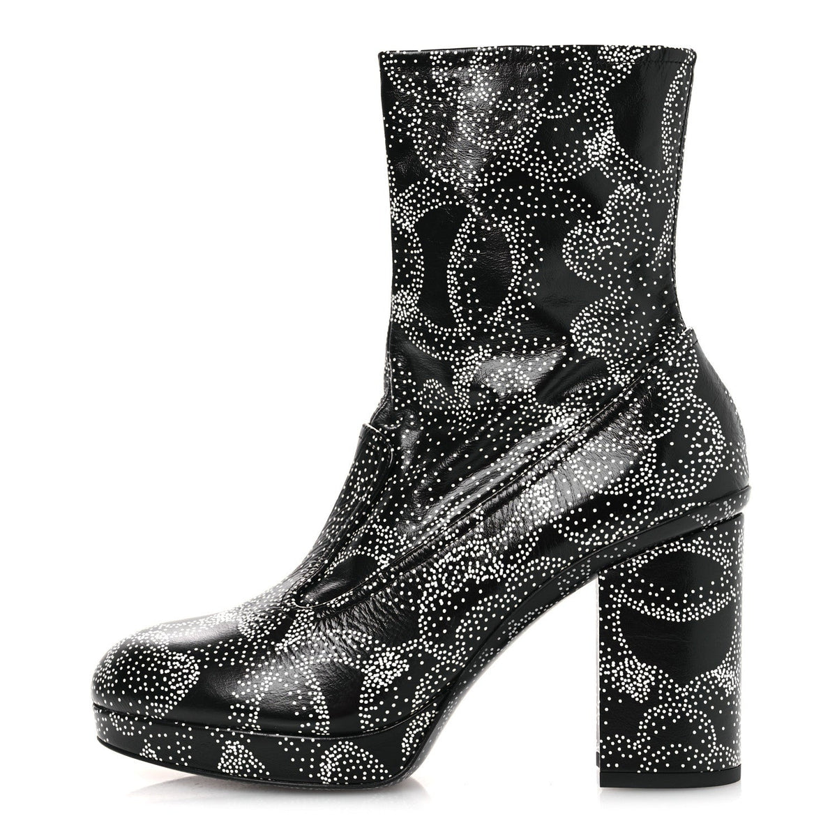 Chanel Calfskin Camellia Printed Women's Ankle Boots 38.5 Black White