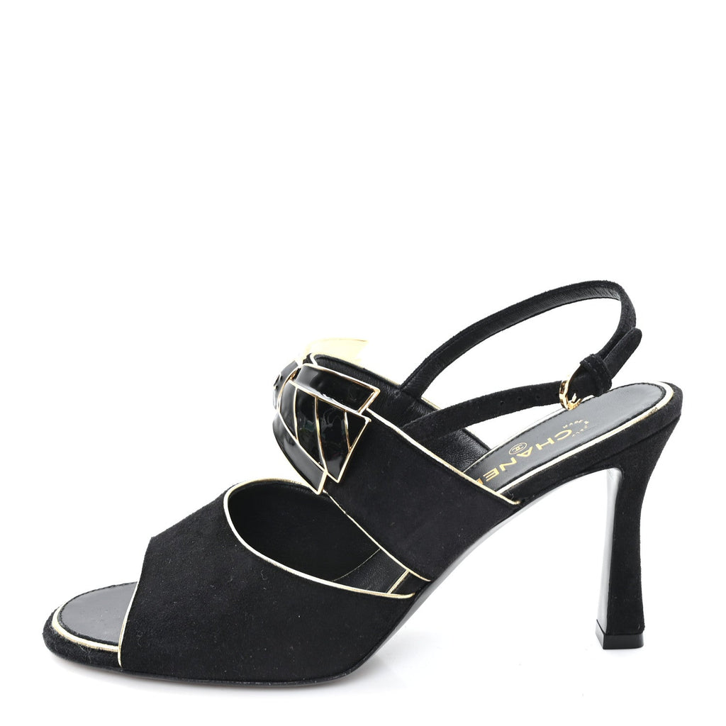 Chanel Suede Women's CC Bow Slingback Pumps 37.5 Black Gold