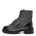 Calfskin Shiny Calfskin Quilted Lace Up Combat Boots Dark Grey Black