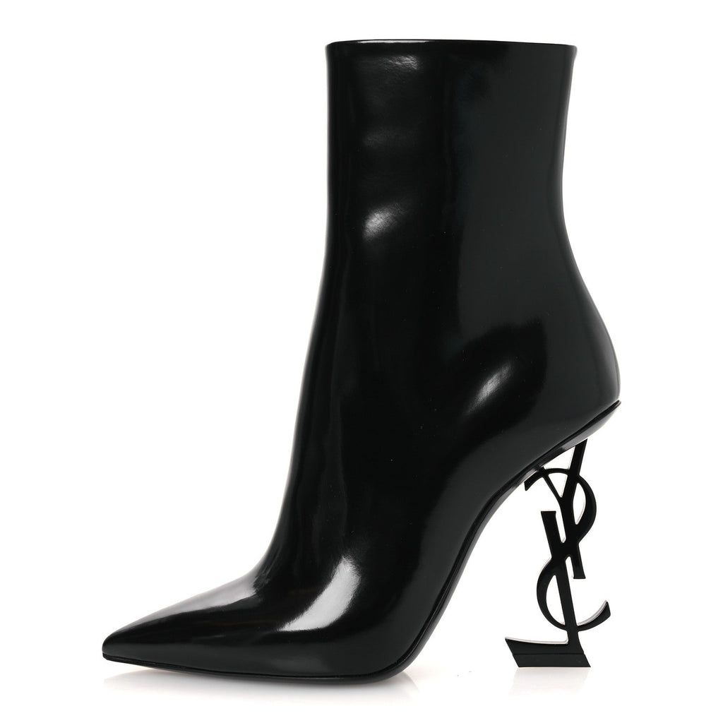 Saint Laurent Glazed Calfskin Women's Opyum Ankle Boots 36 Black