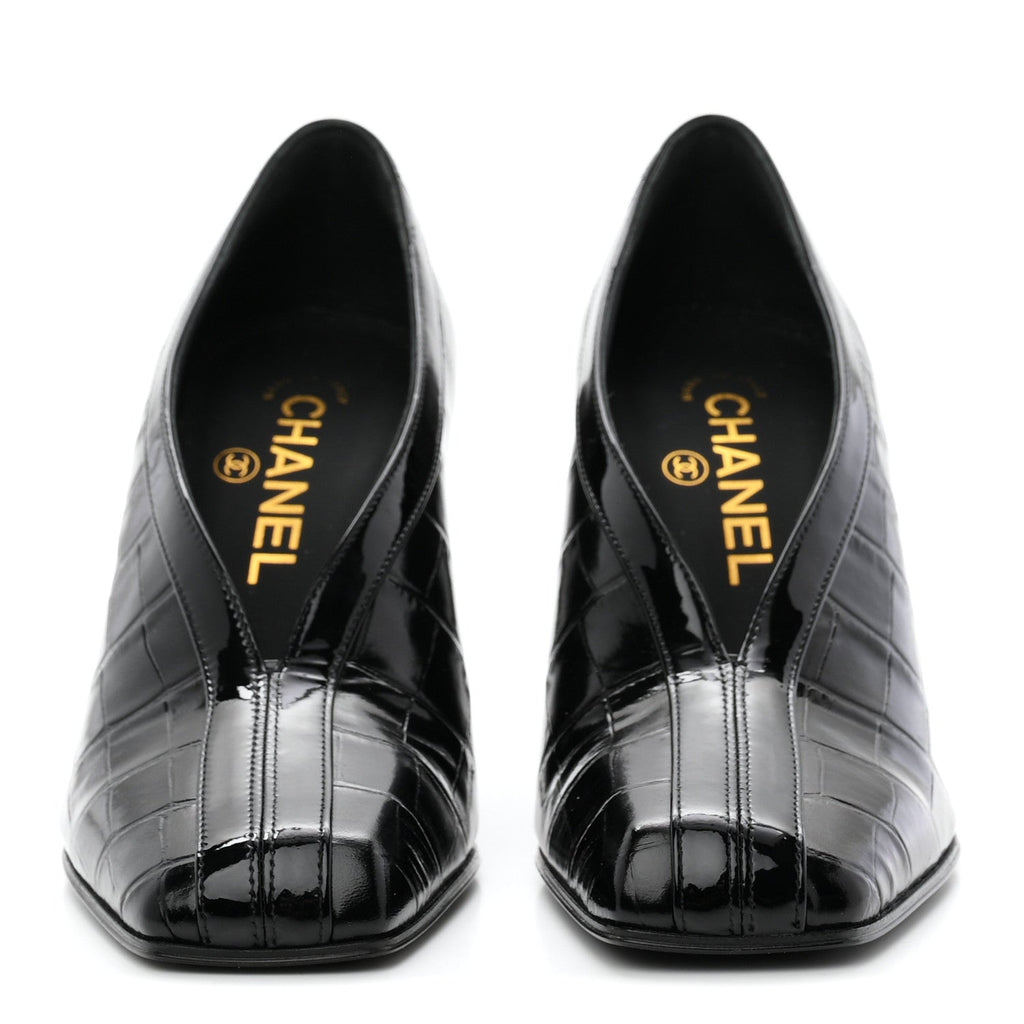 Chanel Crocodile Embossed Patent Calfskin Women's Pumps 36 Black