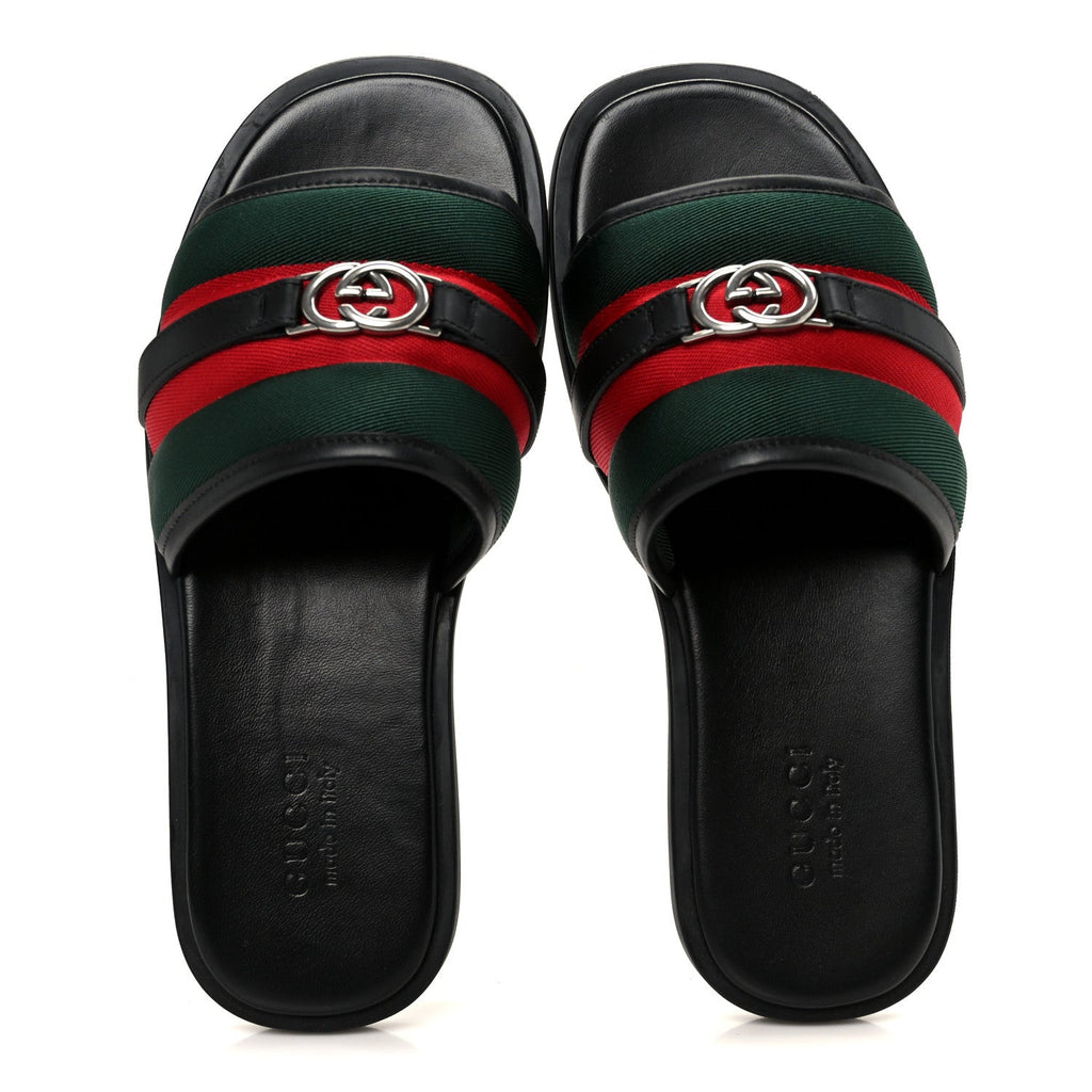 Gucci Nylon Calfskin Men's Web Interlocking G Maverik Slide Sandals 41 Black
