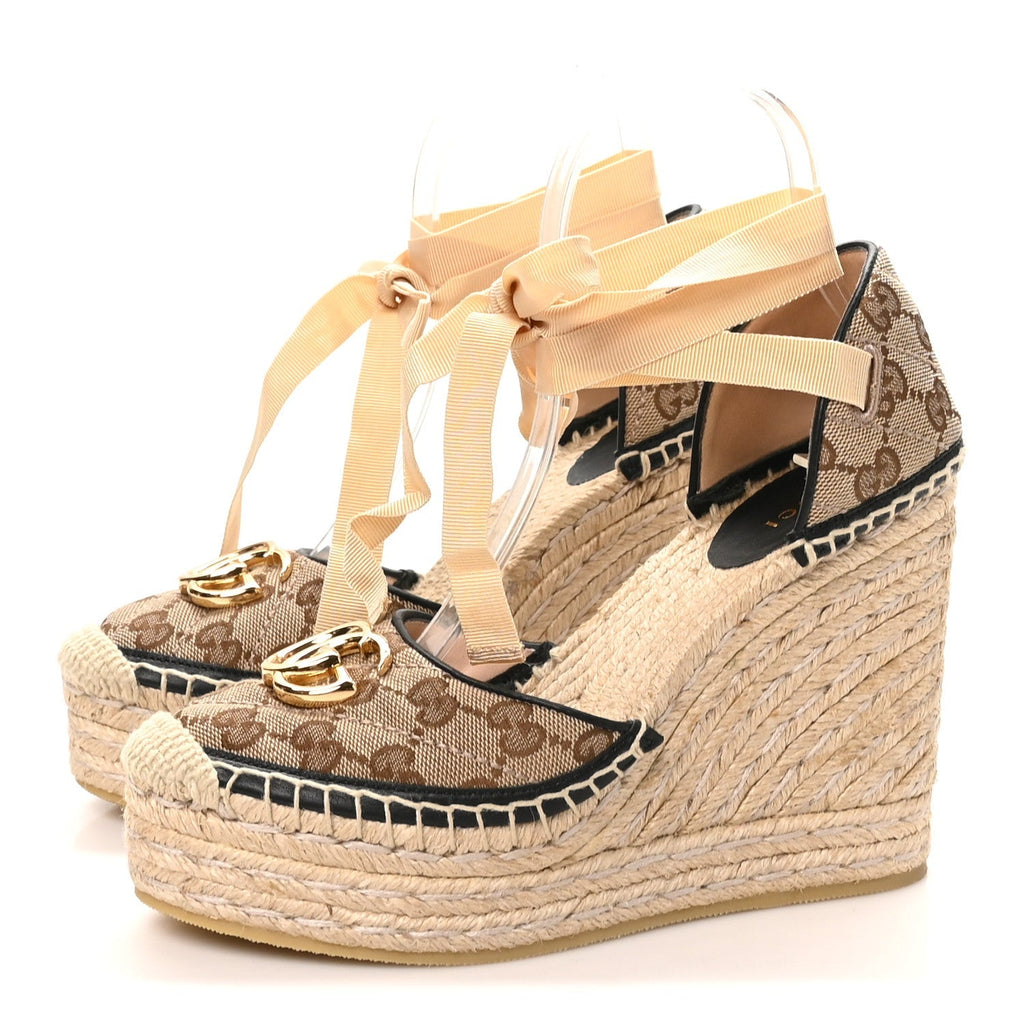 Gucci Canvas Women's GG Marmont Platform Espadrille Wedges 37.5 Beige Black
