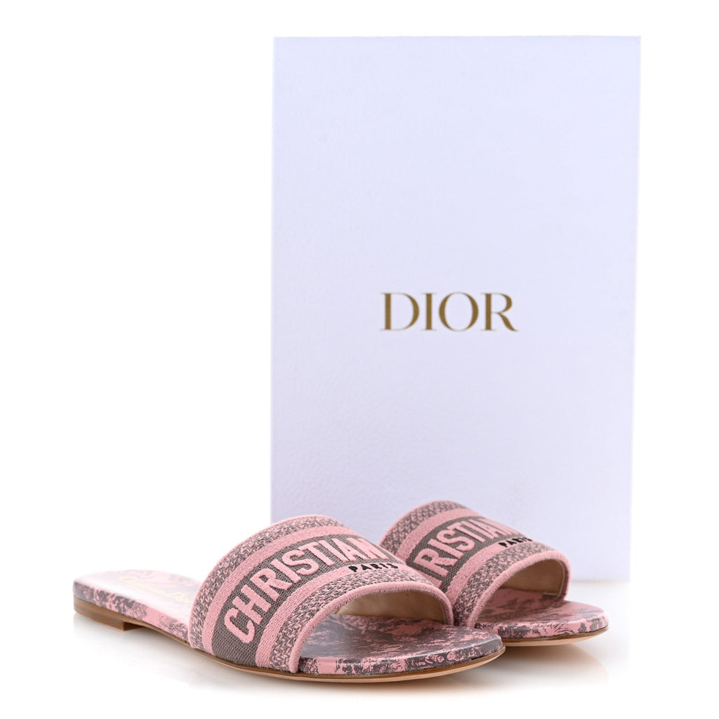 Christian Dior Canvas Women's Toile De Jouy Embroidered Dway Flat Slide Sandals 37.5 Chateau Rose