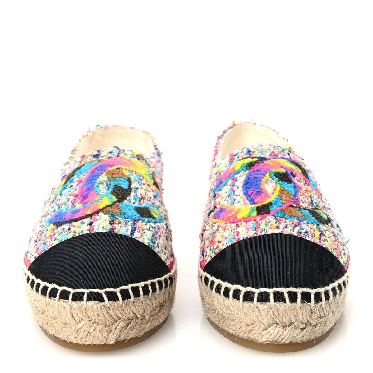 Chanel Cotton Tweed Grosgrain Women's CC Espadrilles 36 Multicolor Black