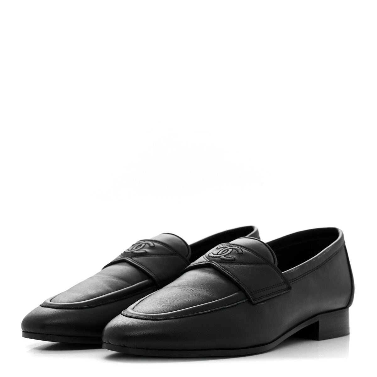 Chanel Lambskin Women's Stitched CC Loafers 35 Black