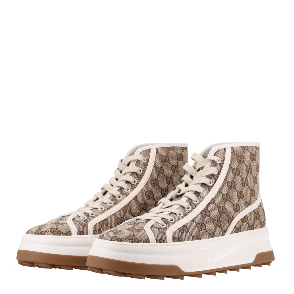 Gucci Monogram 1977 Tennis 55mm Men's High Top Sneakers 9 Beige Ebony Mystic White