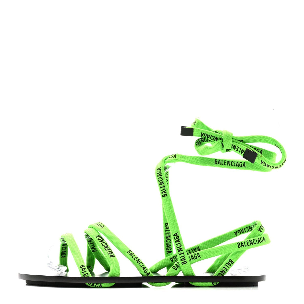 Balenciaga Nylon Calfskin Women's Logo Lace Flat Sandals 37 Neon Green