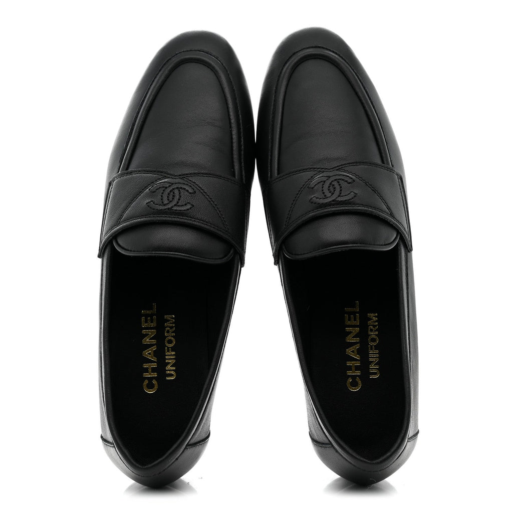 Chanel Lambskin Women's Stitched CC Loafers 35 Black