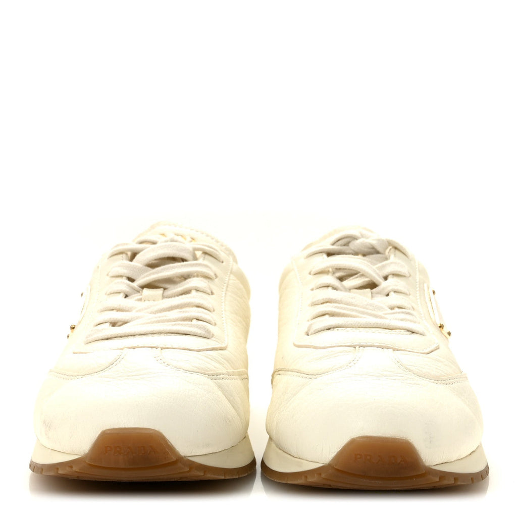 Prada Calfskin Metal Triangle Logo Women's Sneakers 40 Neutral