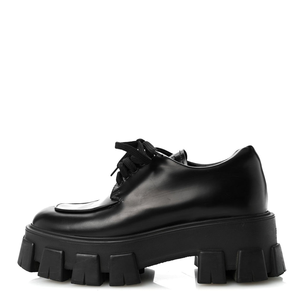 Prada Spazzolato Calfskin Women's Monolith Derby Loafers 36.5 Black