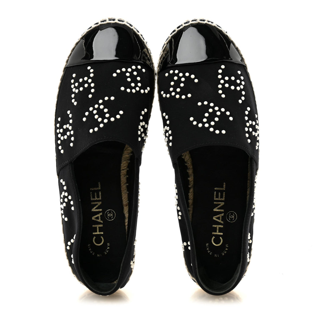 Chanel Neoprene Patent Calfskin Women's Pearl CC Espadrilles 35 Black White