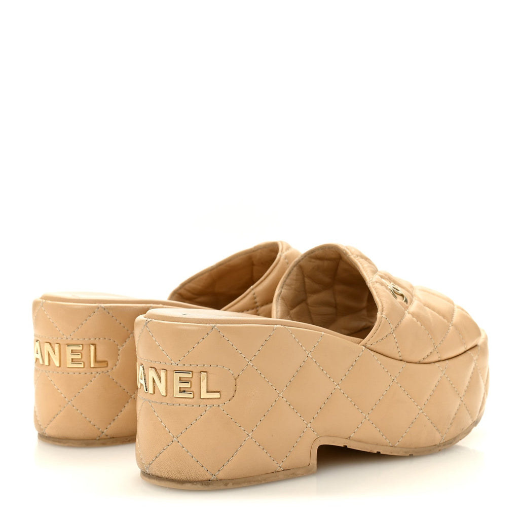 Chanel Lambskin Women's Quilted CC Wedge Mules 36 Beige