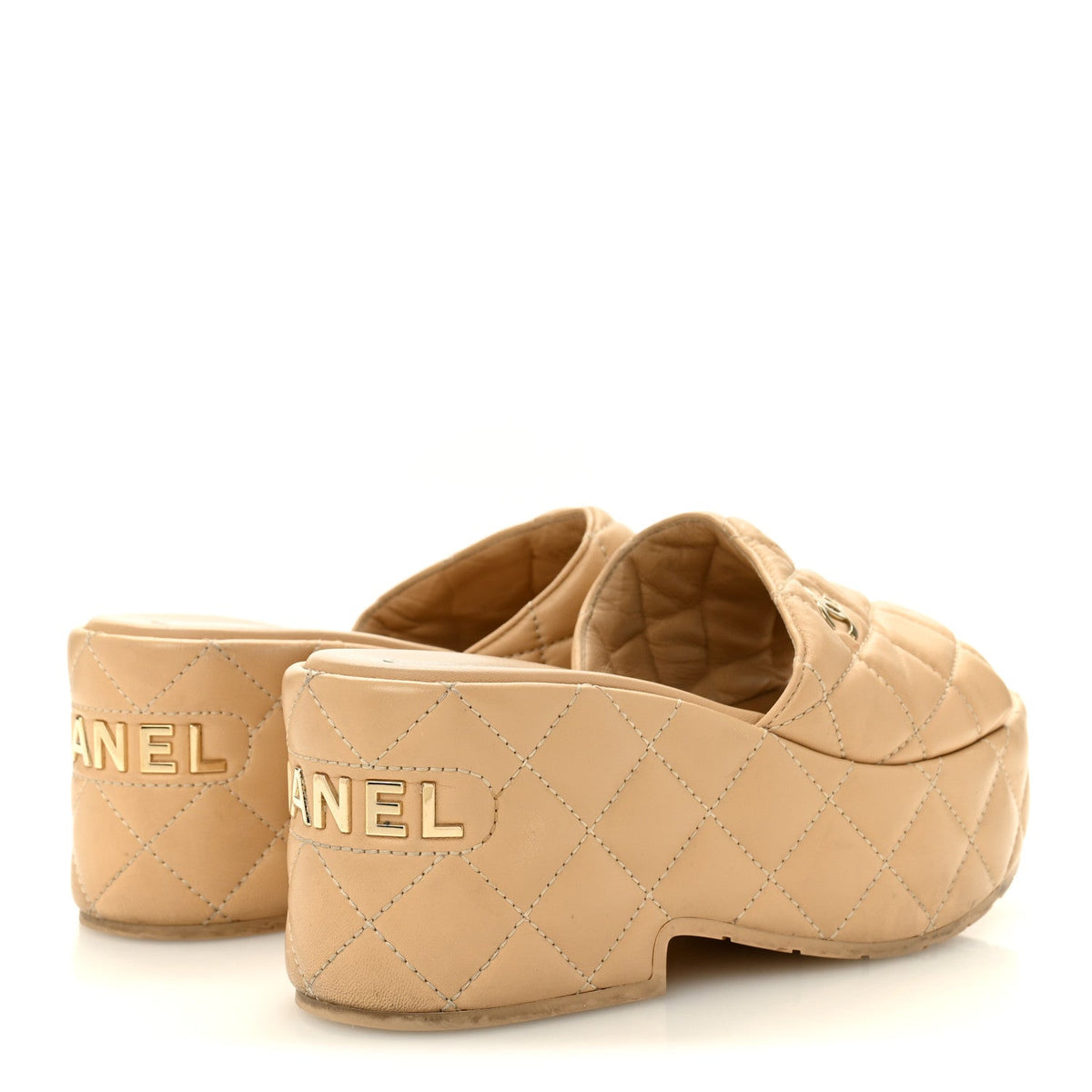 Chanel Lambskin Women's Quilted CC Wedge Mules 36 Beige