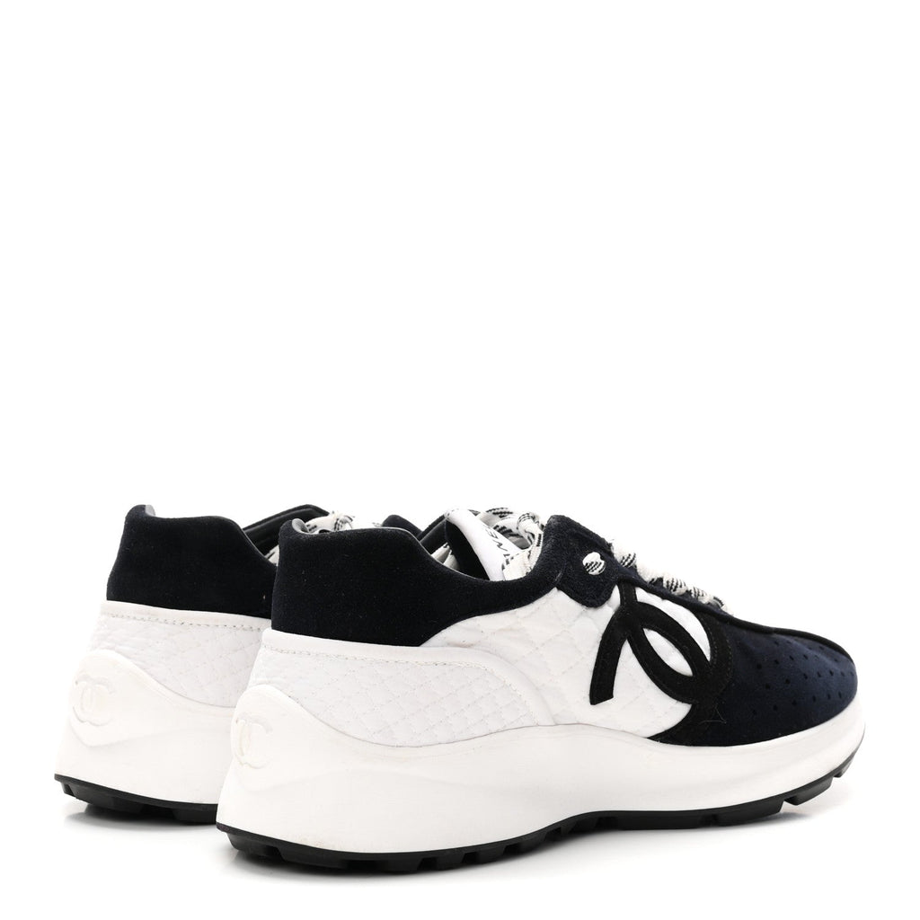 Chanel Fabric Suede Kidskin Women's CC Sneakers 41 Dark Navy White