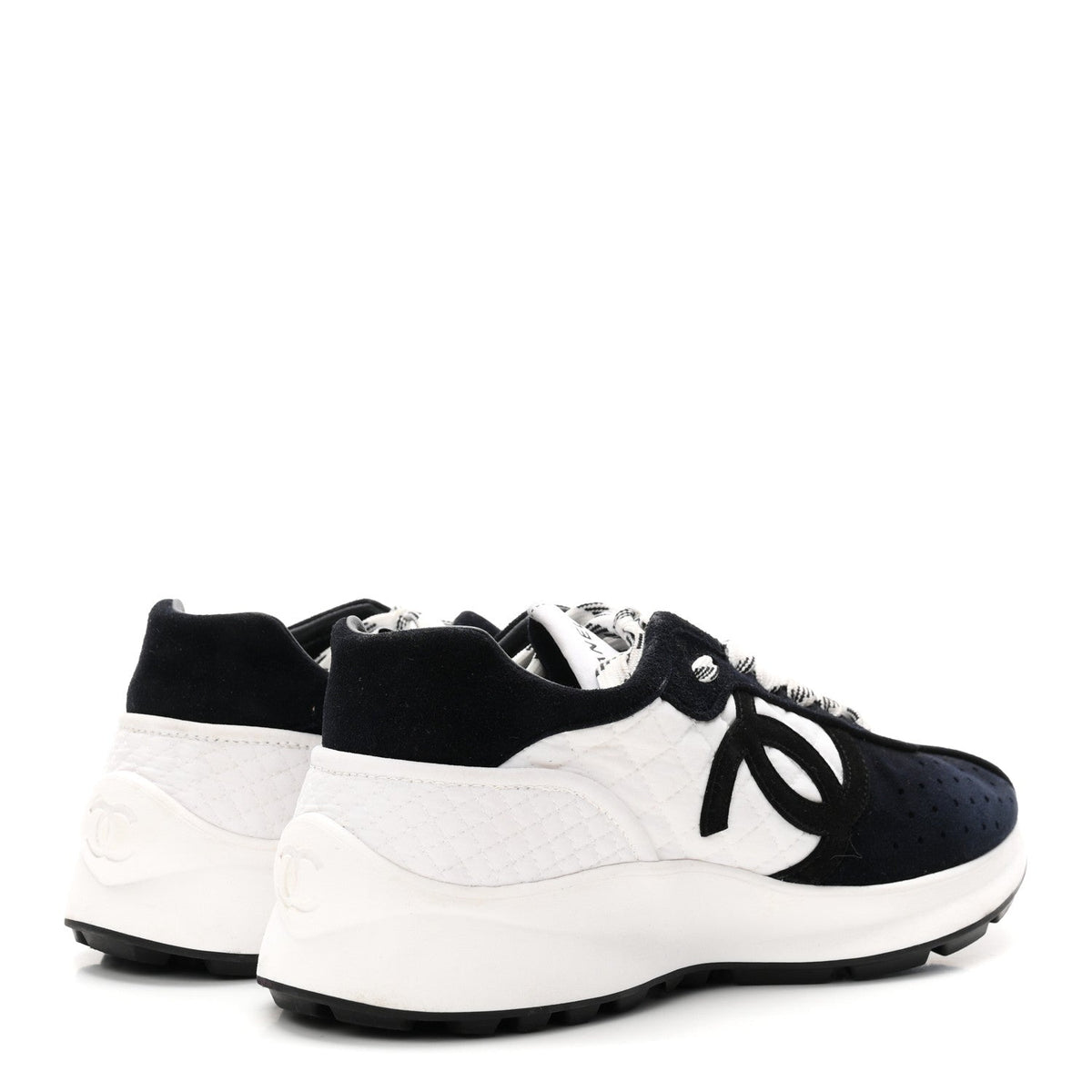 Chanel Fabric Suede Kidskin Women's CC Sneakers 41 Dark Navy White