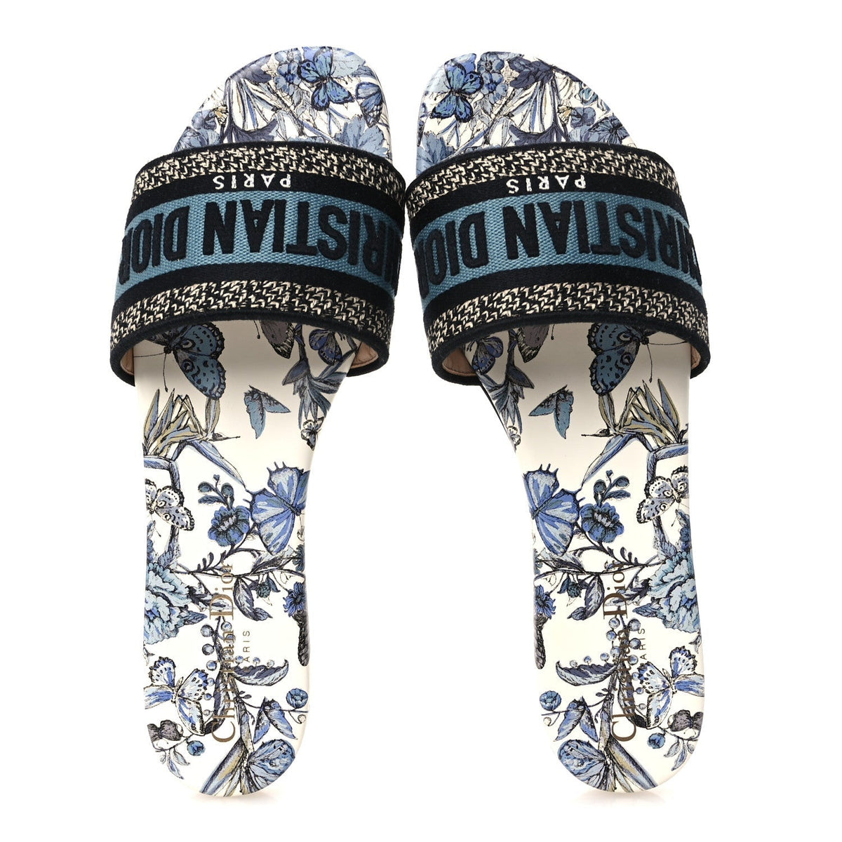 Christian Dior Canvas Embroidered Women's Butterfly Dway Slide Sandals 40 White Blue