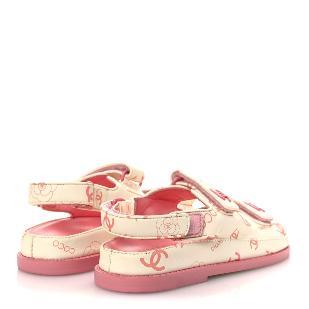 Chanel Lambskin Women's Printed CC Velcro Dad Sandals 37 White Pink