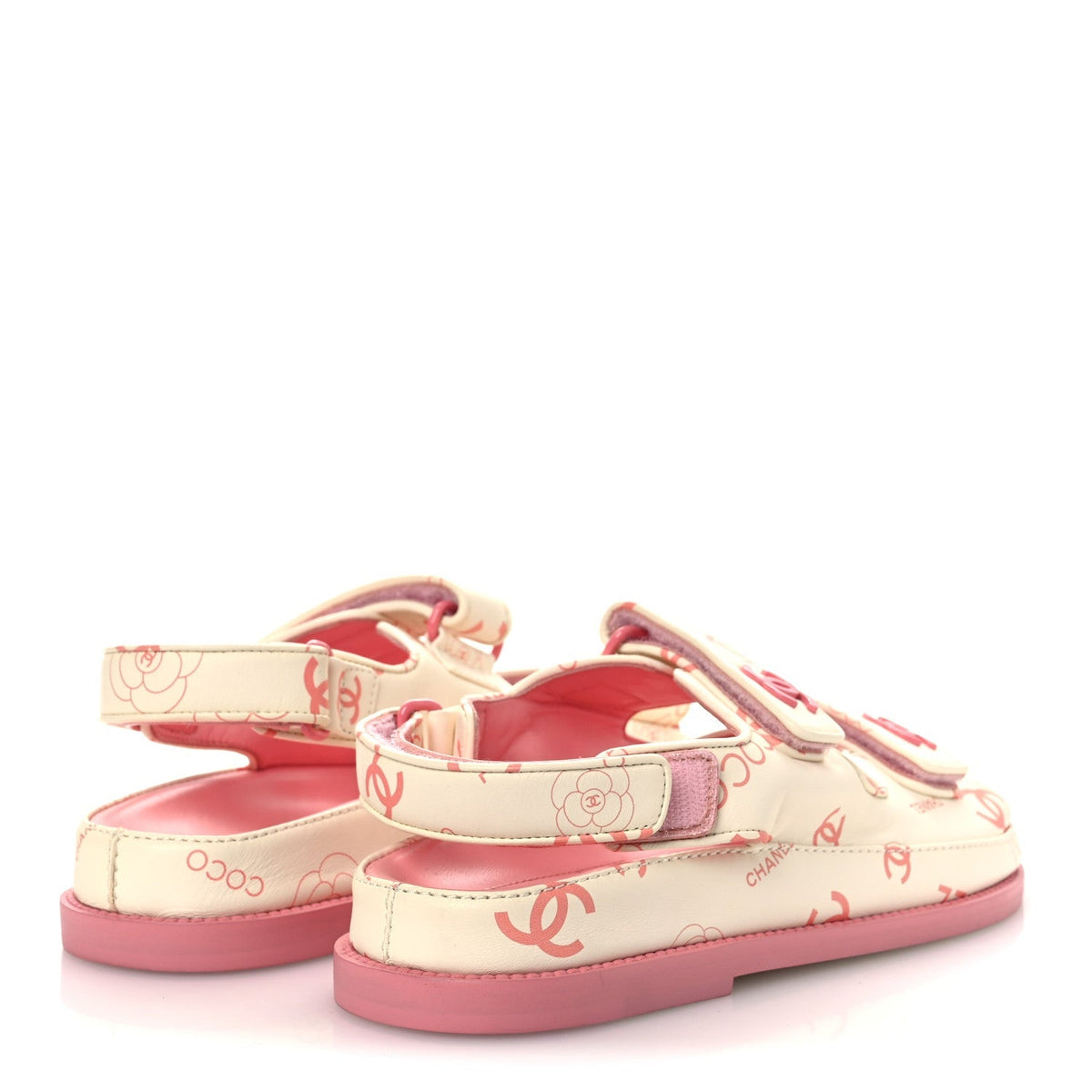Chanel Lambskin Women's Printed CC Velcro Dad Sandals 37 White Pink