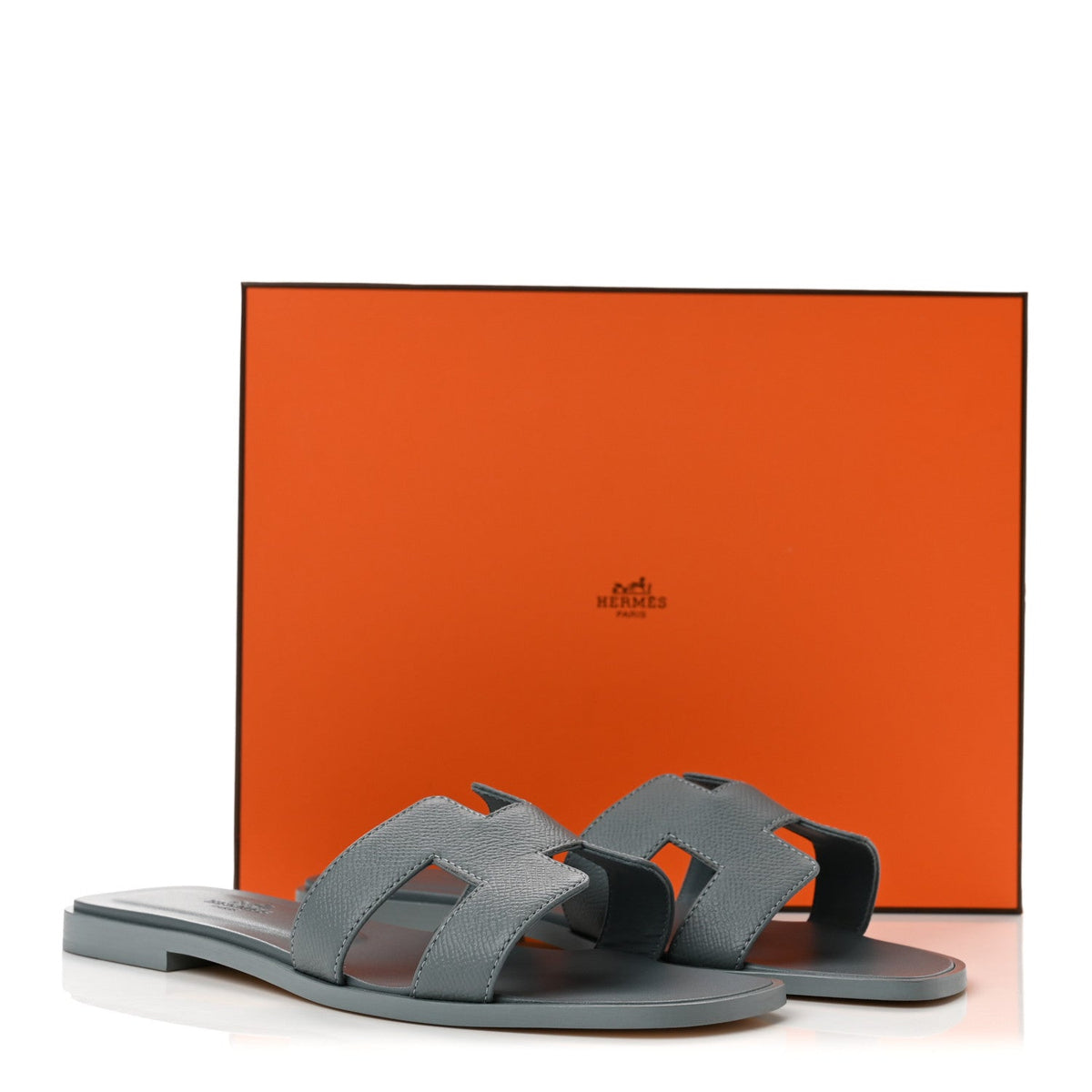 Hermes Epsom Calfskin Women's Oran Sandals 37.5 Gris Antarctique