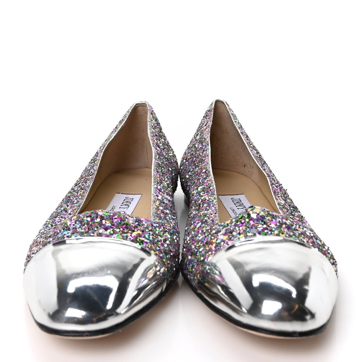 Jimmy Choo Patent Calfskin Glitter Women's Watson Flats 36 Silver Multicolor