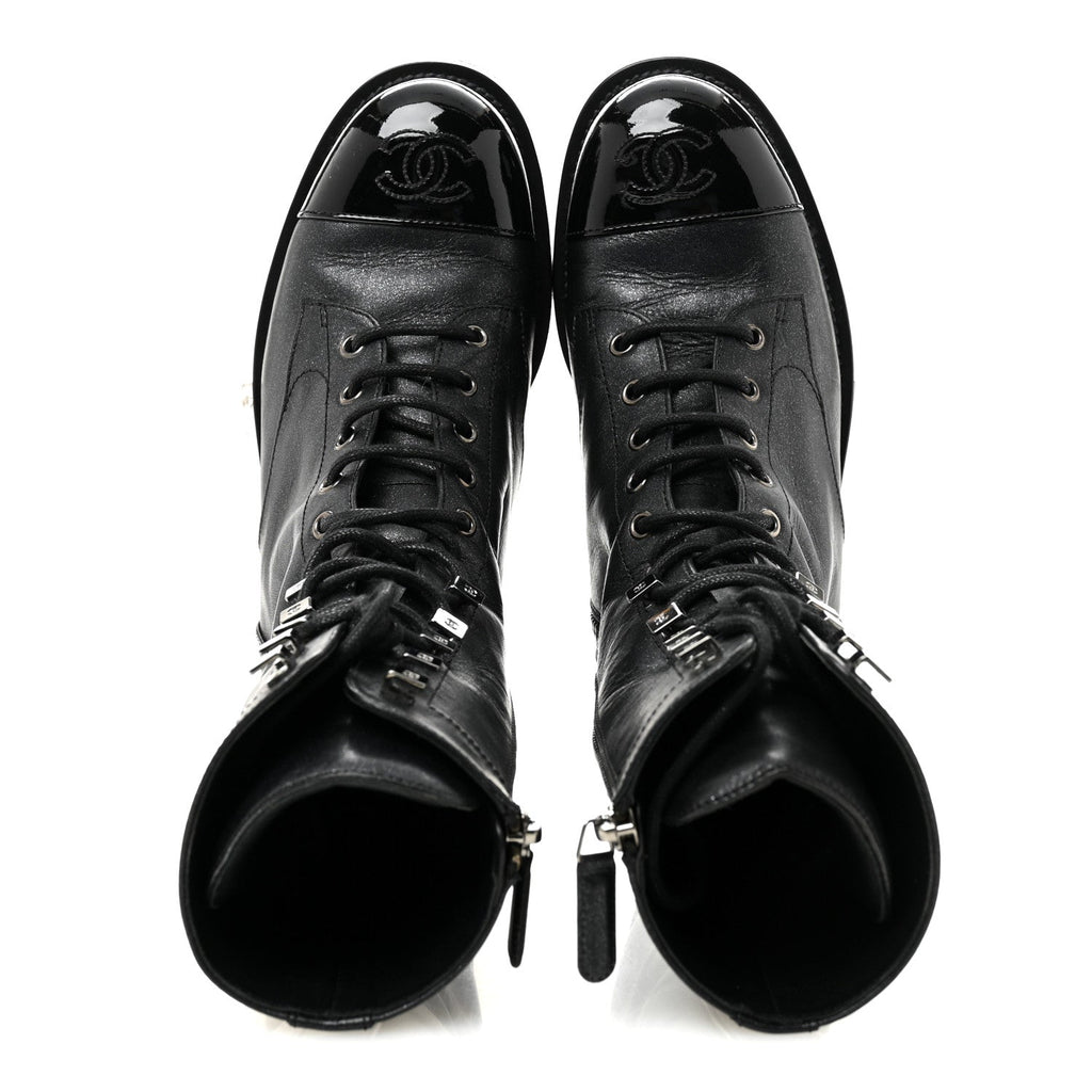 Chanel Iridescent Calfskin Women's CC Combat Boots 38 Black