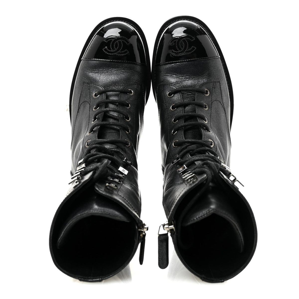 Chanel Iridescent Calfskin Women's CC Combat Boots 38 Black