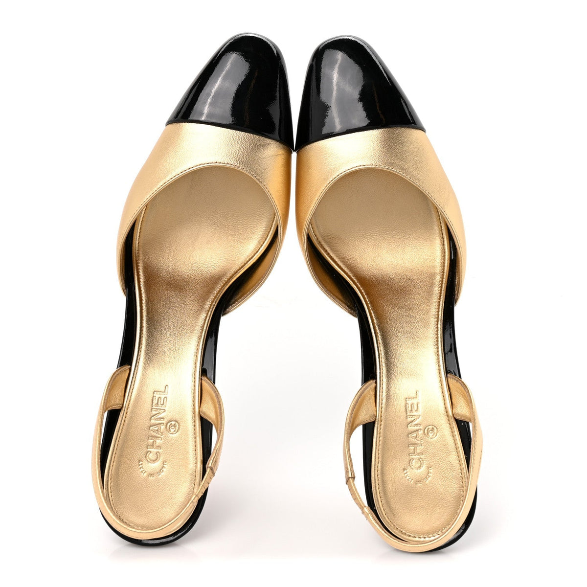 Chanel Lambskin Patent CC Apple Women's Slingback Pumps 41 Gold Black