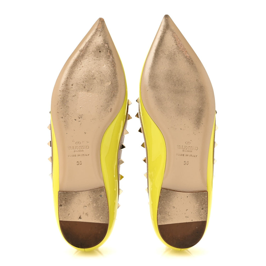 Valentino Garavani Patent Leather Women's Rockstud Flats 38 Acid Yellow