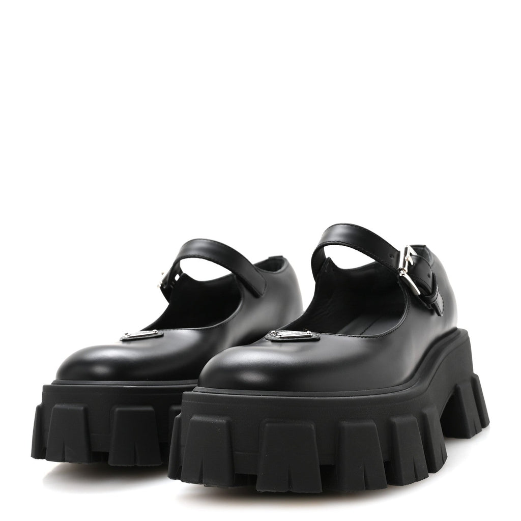 Prada Spazzolato Calfskin Women's Monolith Mary Janes 35.5 Black