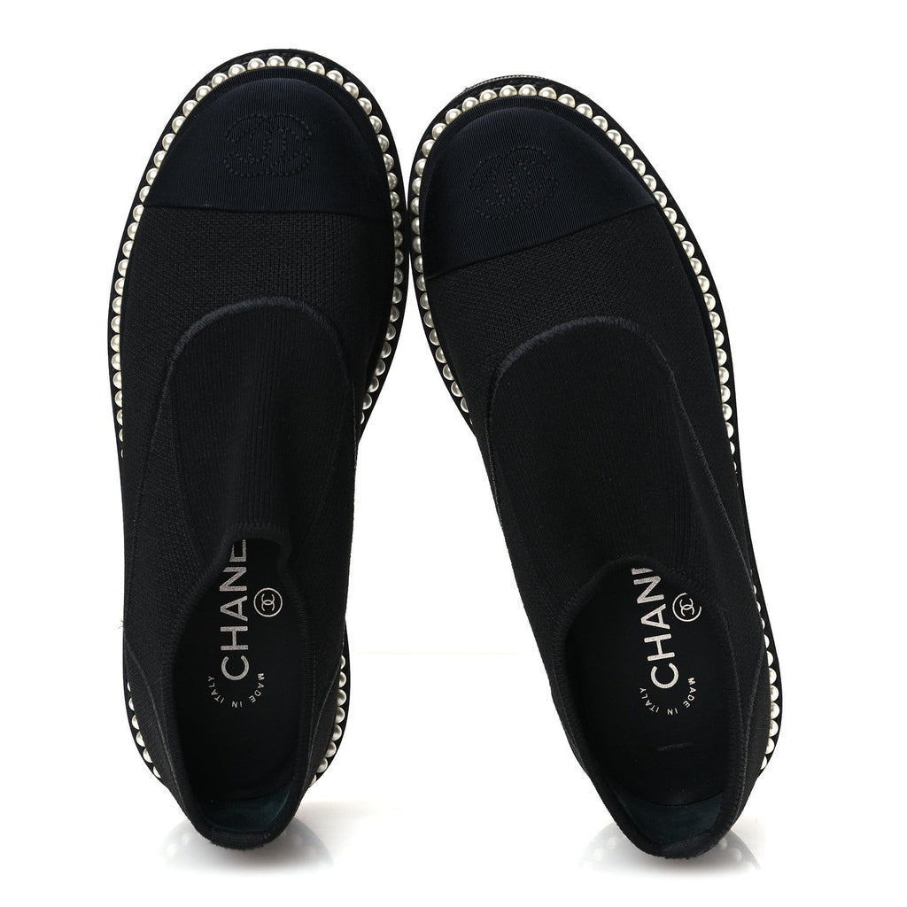 Chanel Stretch Fabric Grosgrain Women's Pearl Cap Toe CC Loafers 35.5 Black