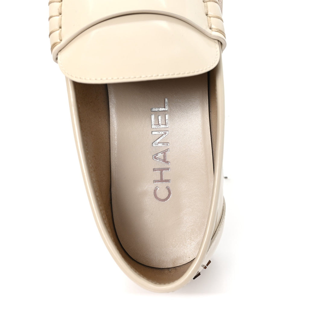 Chanel Shiny Calfskin Women's Logo Loafers 40 Light Beige