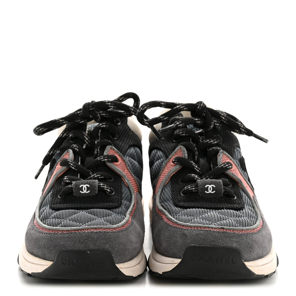 Chanel Fabric Calfskin Suede Women's CC Sneakers 36.5 Grey Pink