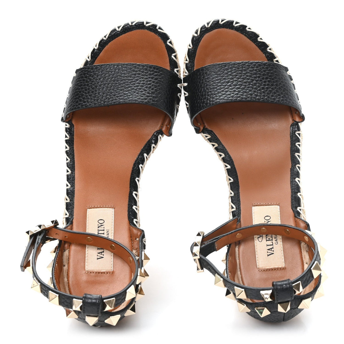 Valentino Garavani Grained Calfskin Women's Rockstud Espadrille Wedges 35 Black