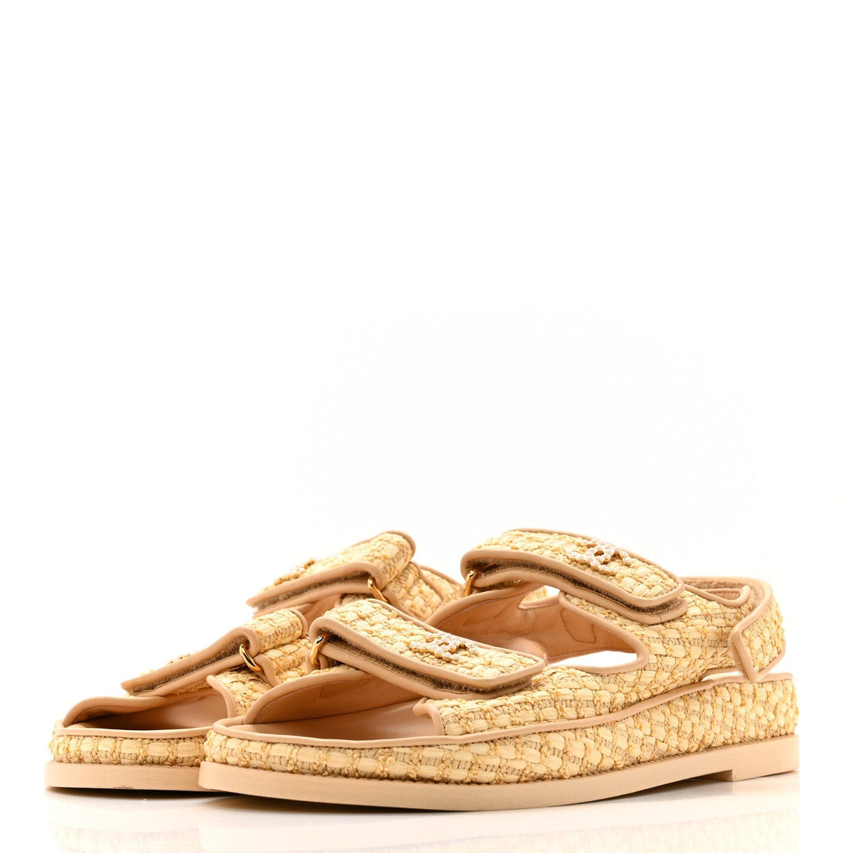 Chanel Braided Fabric Women's Velcro Dad Sandals 38.5 Beige