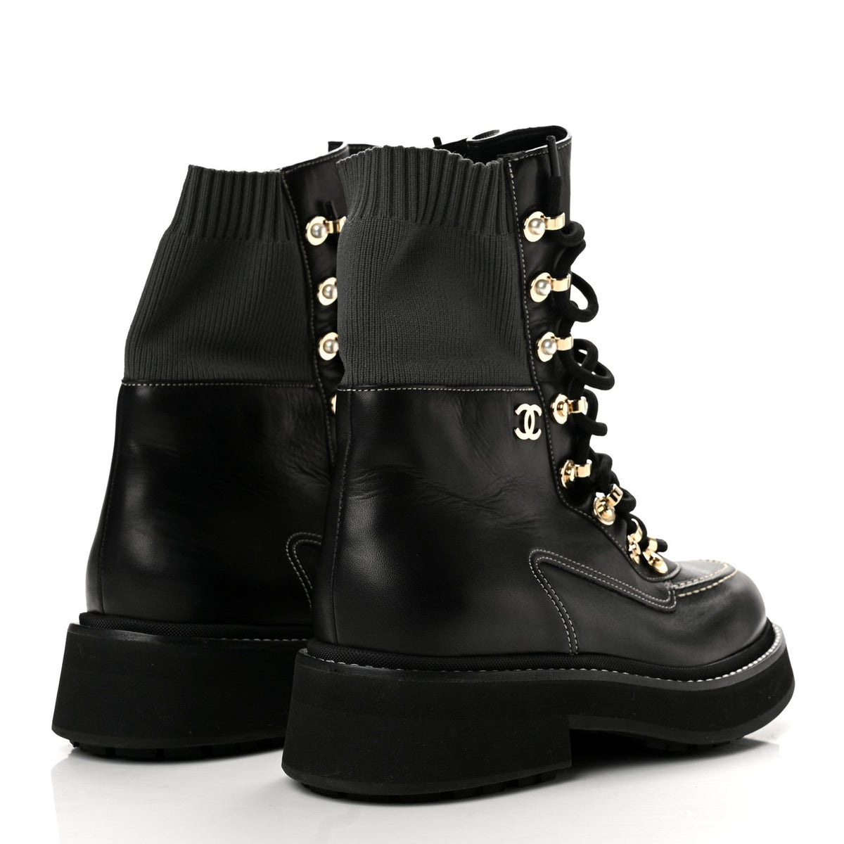 Chanel Calfskin Knit Lace Up Women's Combat Boots