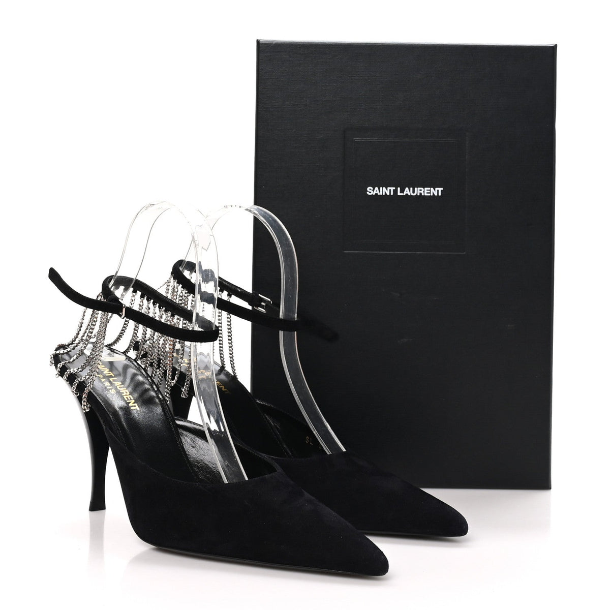 Saint Laurent Suede Women's Kid Scamosciato Sling 90 Chain Pumps 39.5 Black