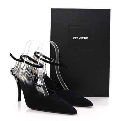 Saint Laurent Suede Women's Kid Scamosciato Sling 90 Chain Pumps 39.5 Black