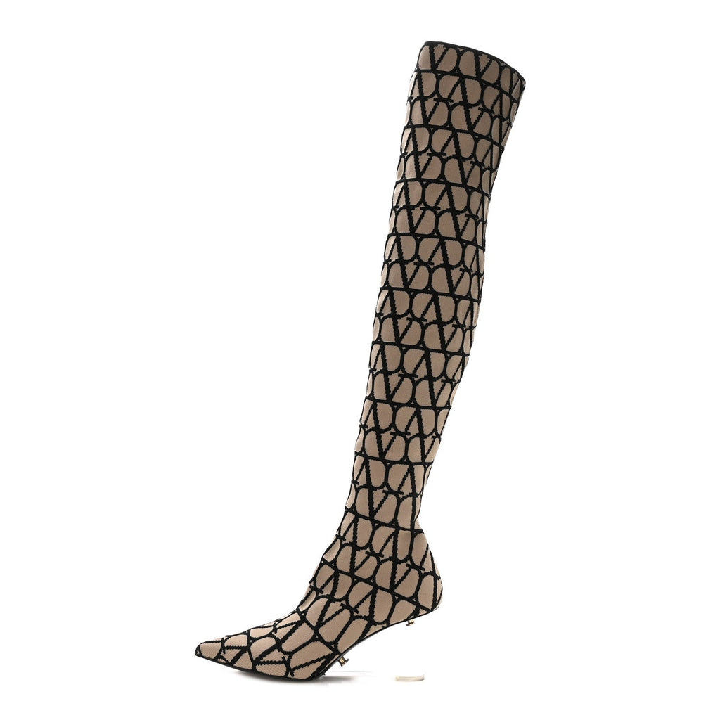 Valentino Garavani Calfskin Women's VLogo Over the Knee Boots 37.5 Naturale Nero