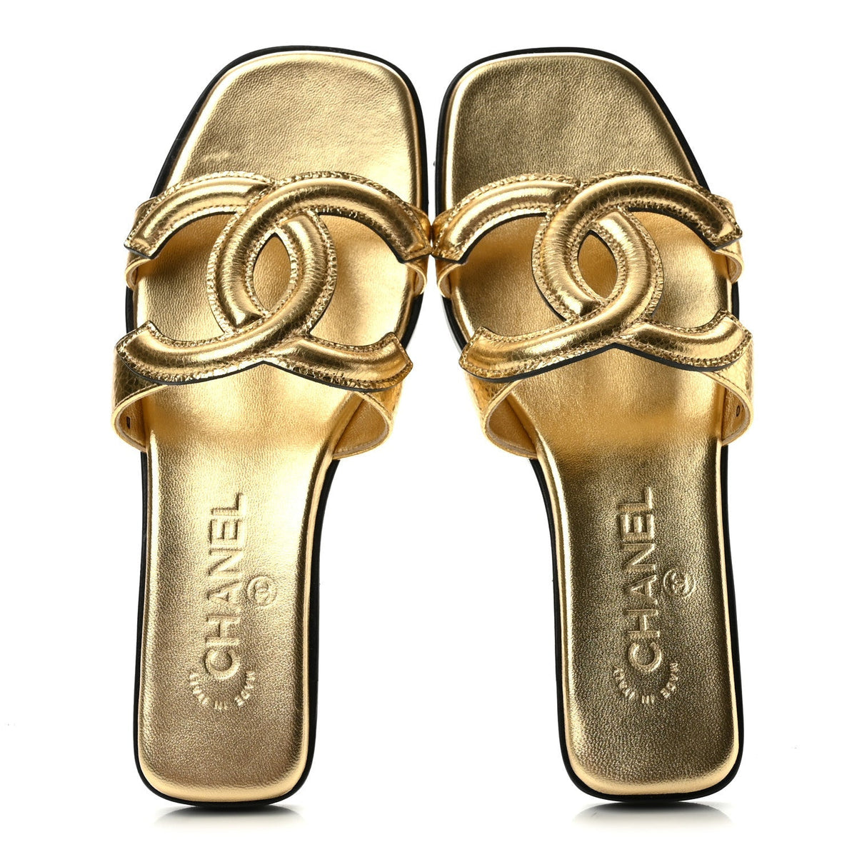Chanel Crackled Laminated Calfskin CC Cut Out Women's Mules Gold
