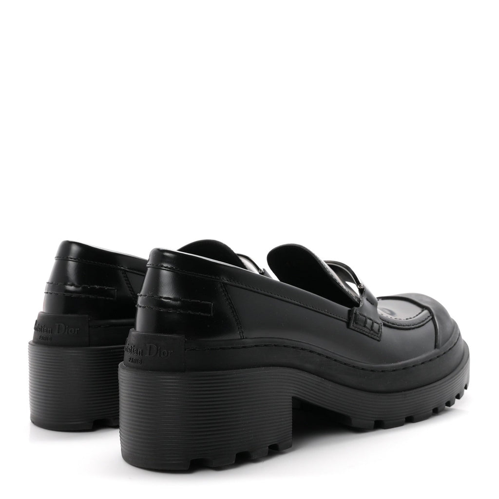 Christian Dior Brushed Calfskin Rubber Women's Dior Code Cap Toe Lug Sole Loafers 39 Black