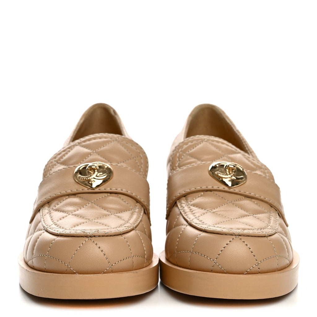 Chanel Lambskin Quilted Women's CC Heart Loafers 37 Beige