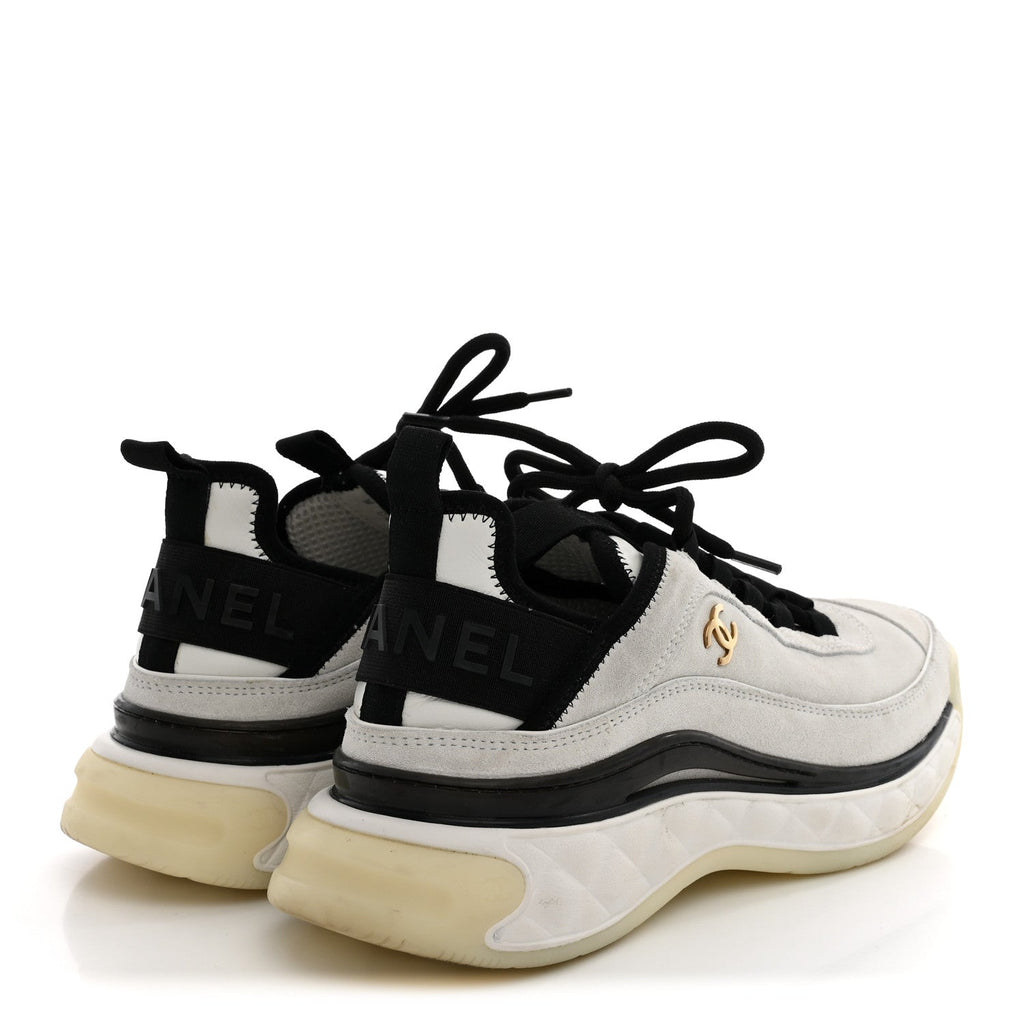 Chanel Suede Calfskin Women's Grosgrain CC Sneakers 37.5 White