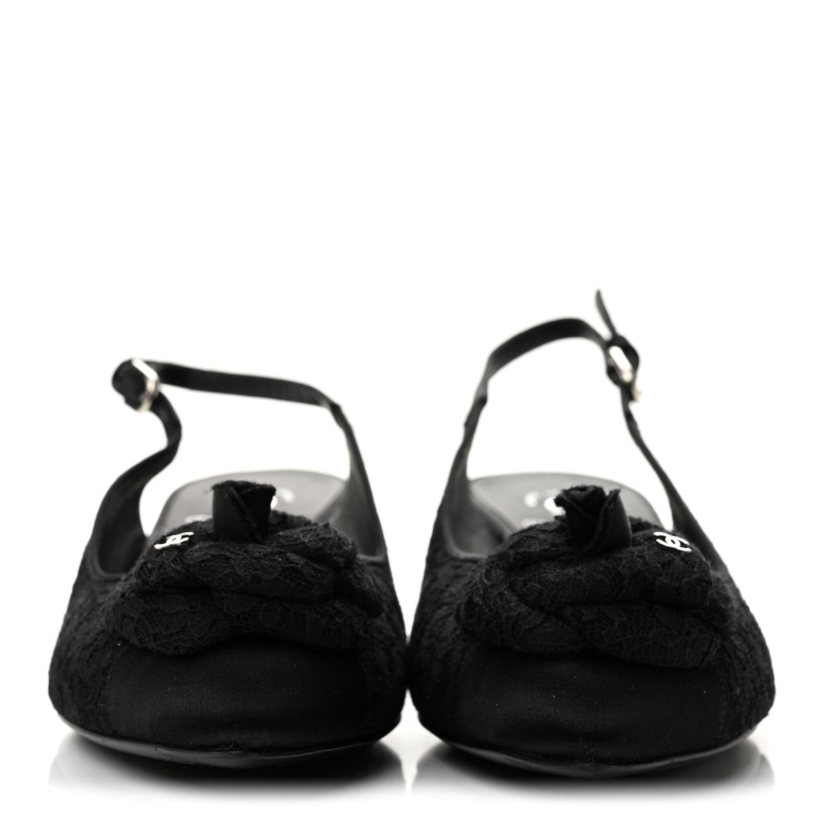 Chanel Lace Women's Camellia CC Slingback Pumps 38 Black